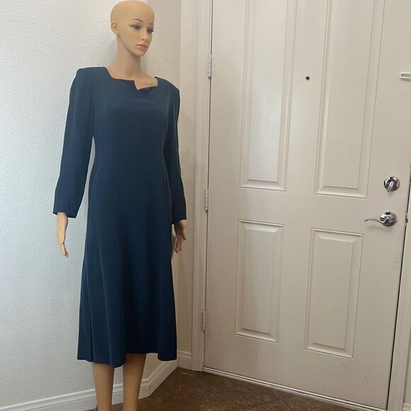 Patrick Petites Dress Size 4P 💯 Silk Teal Green Midi Long Sleeve Side Slits - Picture 2 of 11